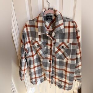 Women's Plaid Shacket in White, Gray & Brown